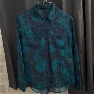 Tahari turquoise and navy translucent blouse